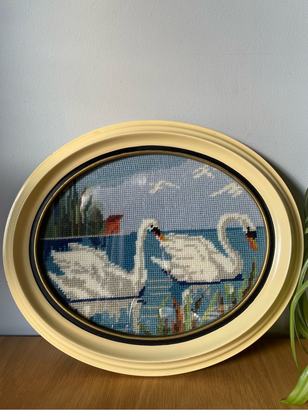 Vintage 1970s Swan Needlepoint Oval Frame Cottagecore 10x12